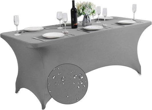 SuperO Waterproof Spandex Table Cover for 6FT Table Universal Fitted Stretch Tablecloth for Party, Banquet, Wedding and Events-Gray