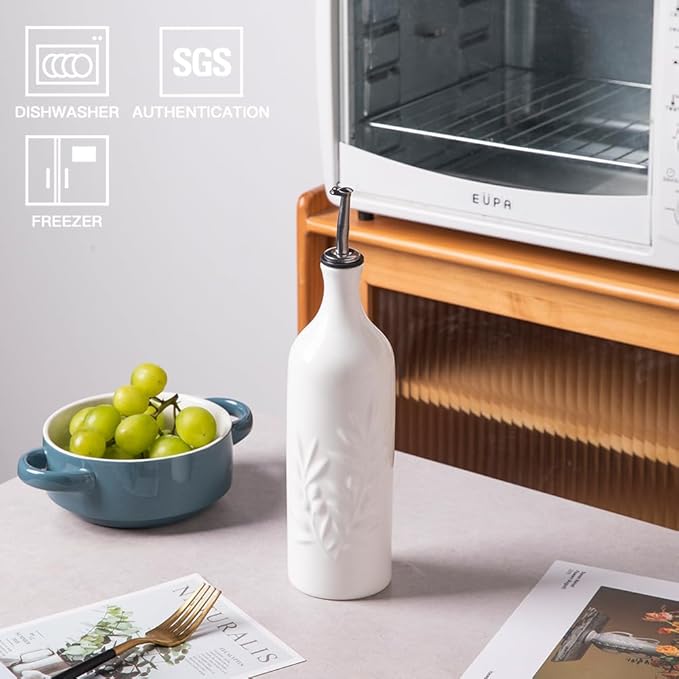 Sweejar Large Ceramic Olive Oil Dispenser Bottle, 24 Oz Relief Opaque Oil Cruet Protects Oil To Reduce Oxidation, Storage Oil, Vinegar, Soy Sauce, Coffee Syrup, Liquids, Set of 1 (White)