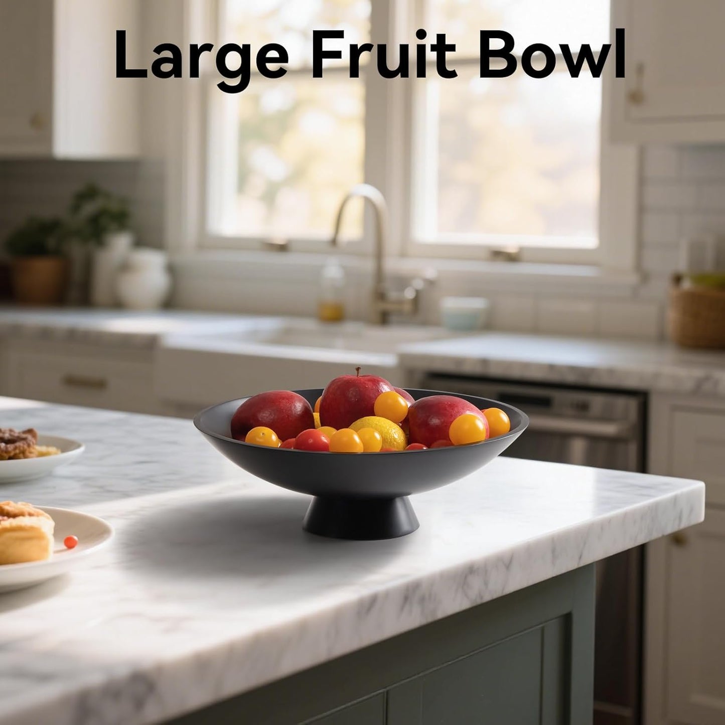 Decorative fruit bowl for Home Decor Large Modern Handicraft Key Bowl for Entryway Table Stylish Centerpiece Purse Bowl Pedestal bowl for Kitchen Counter Coffee Table(Artificial Stone Black)