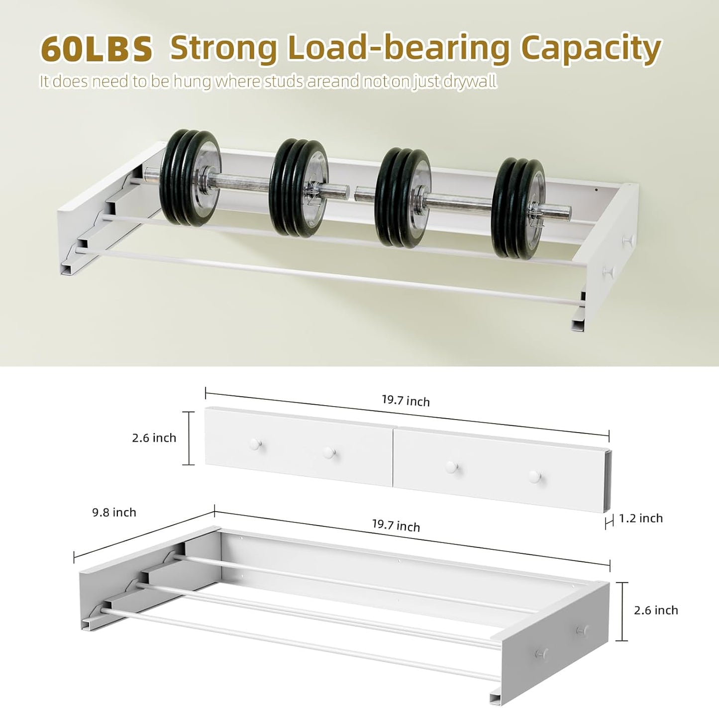 Wall Mounted Drying Rack for Laundry 19.8'', Folding Drying Rack Clothing Wall Mount with 3 Rods and 4 Hooks, Space Saving for Indoor Outdoor Bathroom Balcony (White, 19.8'')