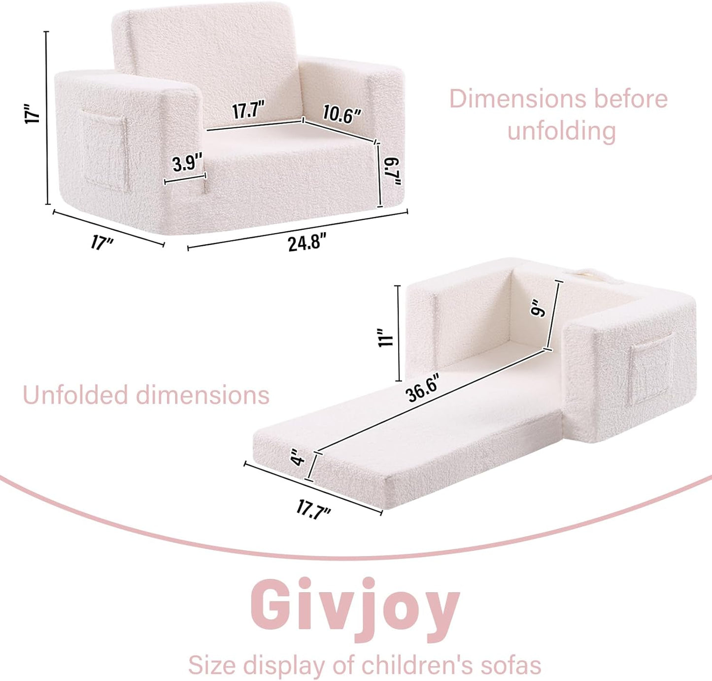 Toddler Chair Sherpa Kids Couch, 2-in-1 Soft Kids Sofa Lounger for Bedroom, Convertible Couch for Girls and Boys, Reading Chair, Beige