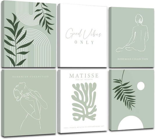 KIOSSUT FRAMED Sage Green Matisse Wall Art, Aesthetic Pictures for Wall, Women Body Line Art Leaf Boho Art Prints, 8x10 Inch, Framed)