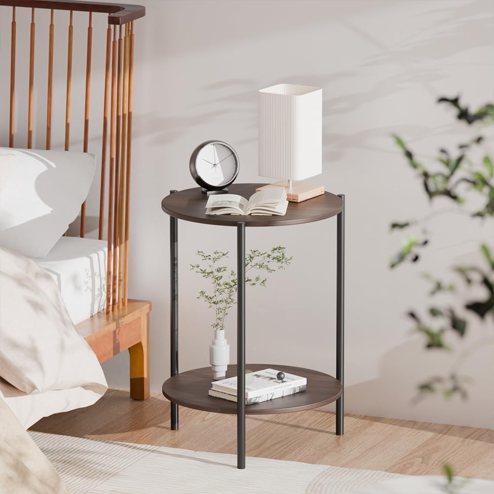 Side Table, Round End Table with 2-Layer Storage Rack, 15.7" Small Spaces Circle Table, Metal Frame Design Small Side Tables, for Living Room, Bedroom, Vintage Wood