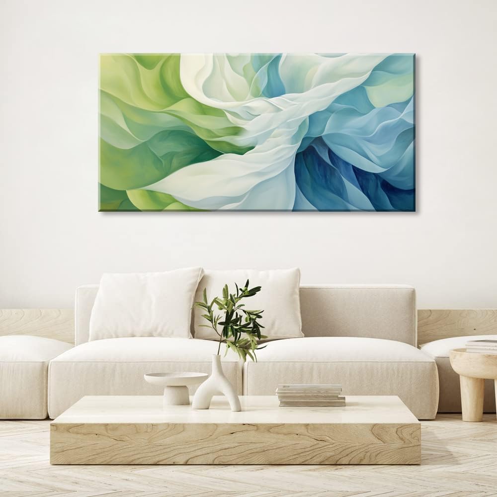 LASMOND Abstract Lines Wall Art for Living Room Canvas Prints Aqua Turquoise Blue Green Artwork Paintings Decor Bedroom Office Girl Woman (46x23 Inches)