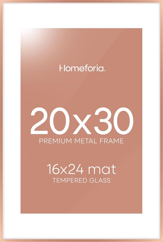 Homeforia 20x30 Frame Rose Gold, High End Metal 20x30 Picture Frames with Mat 16x24 inch Photo, 20 x 30 Rose Gold Poster Frame Matted to 16 by 24, 30x20 Large Frame, Tempered Glass, Wall Kit, Set of 1