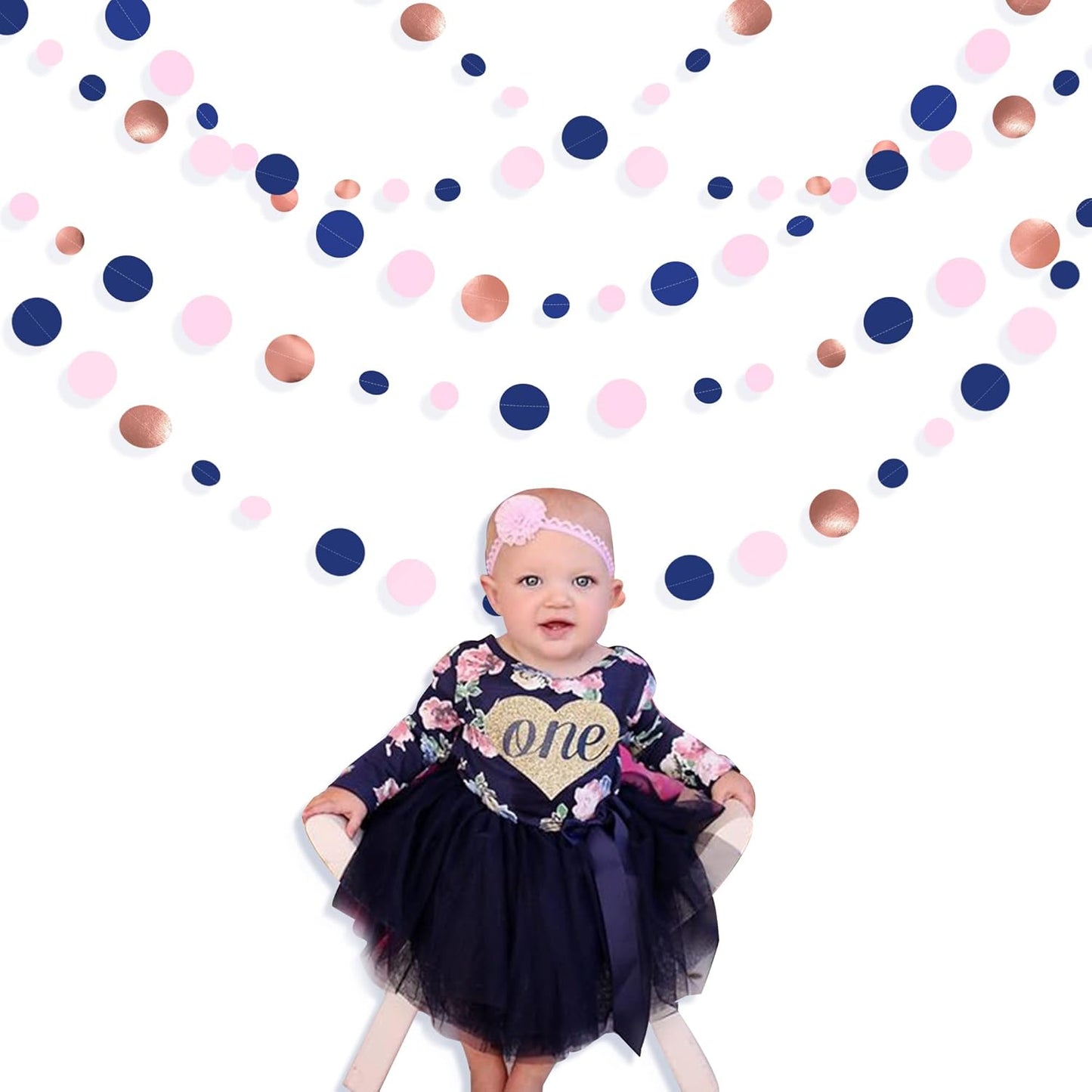 46Ft Navy Blue Blush Circle Dot Garland Royal Blue Pink Rose Gold Hanging Paper Polka Dot Streamer for Gender Reveal Baby Shower Birthday Engagement Wedding Bridal Shower Anniversary Party Decorations