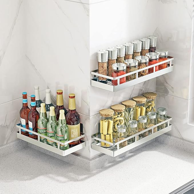 Spice Rack Organizer, SUS304 Stainless steel Wall Mount Spice Rack Storage Basket - Seasoning Container, Kitchen Spice Organizer -Kitchen Seasoning Hanging Rack - Bathroom Shelf (Silver)