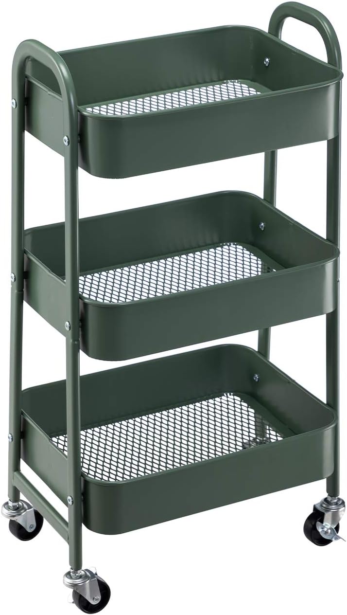 AGTEK Movable Rolling Organizer - 3 Tier Metal Storage Cart, Green
