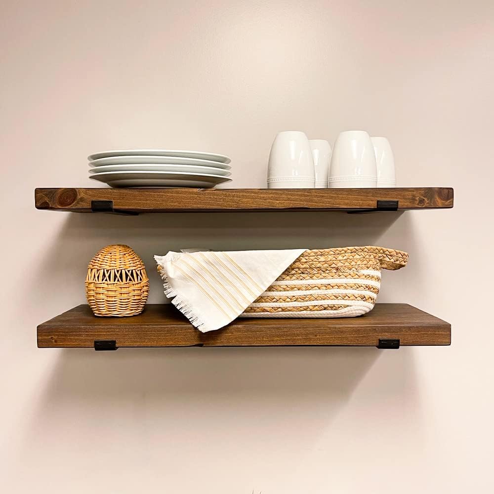 Rustic Shelves with J-Brackets Set of 2, Industrial Shelf, Kitchen Shelves, Solid Wood, Decorative Wall Storage, Heavy Duty, URBANDI (Provincial, 36Wx8D)