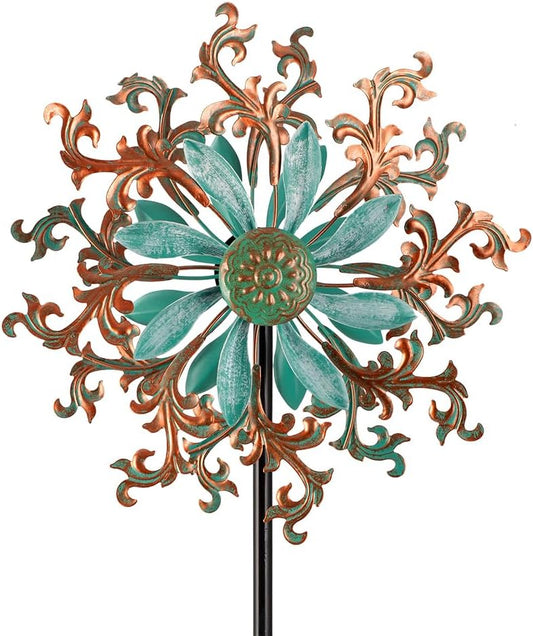 Viveta Wind Spinners Outdoor, Metal Wind Sculptures for Yard and Garden,13 * 57 "Double Windmill with Stable Stake