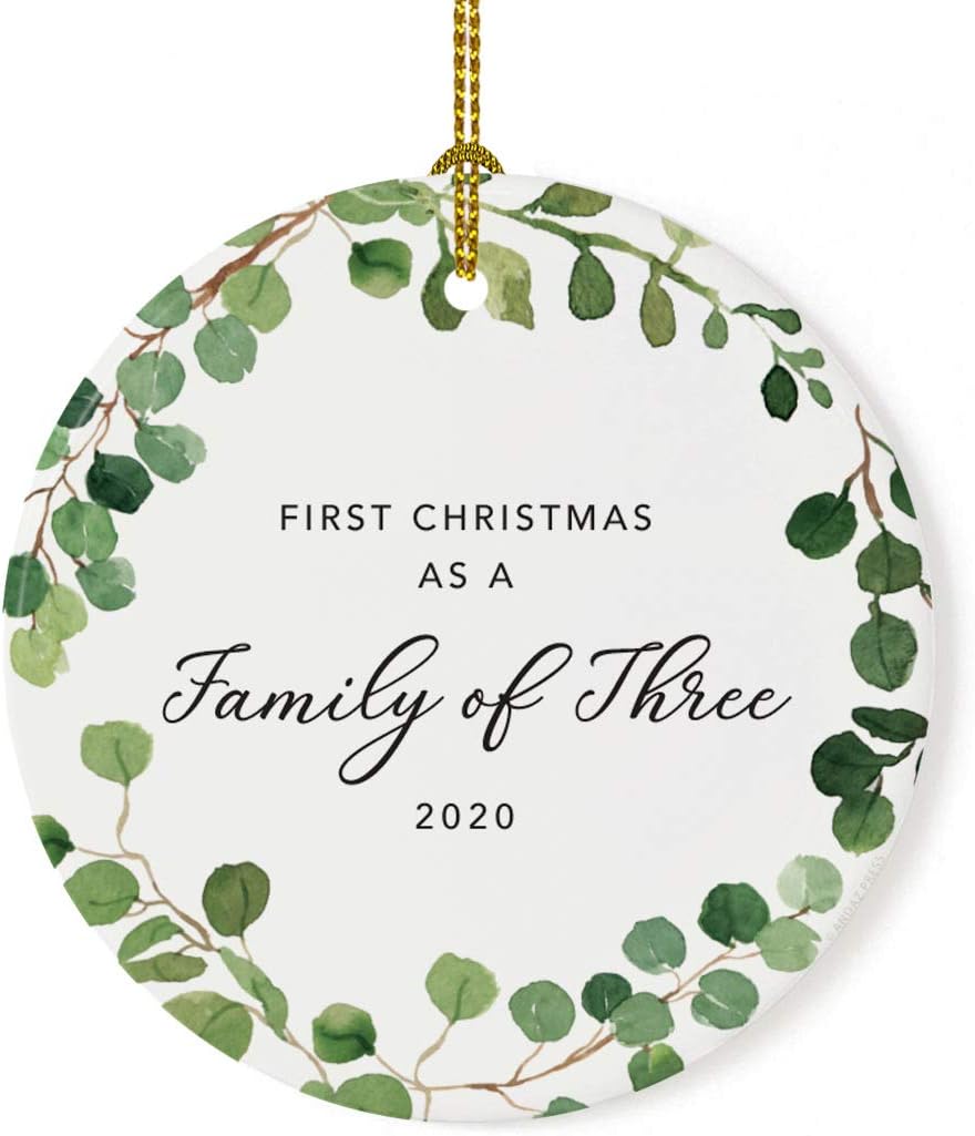 Andaz Press Custom Year Round Ceramic Porcelain Christmas Tree Ornament Keepsake Collectible Gift, First Christmas as a Family of Three 2025, Farmhouse Eucalyptus Wreath, 1-PackNew