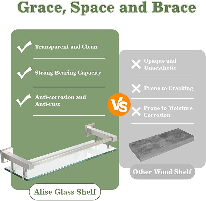 Alise Glass Shelves for Bathroom Wall, Tempered Glass Bathroom Shelf Wall Mounted, Modern Space Saving Floating Shelves 12 inch, Brushed Nickel