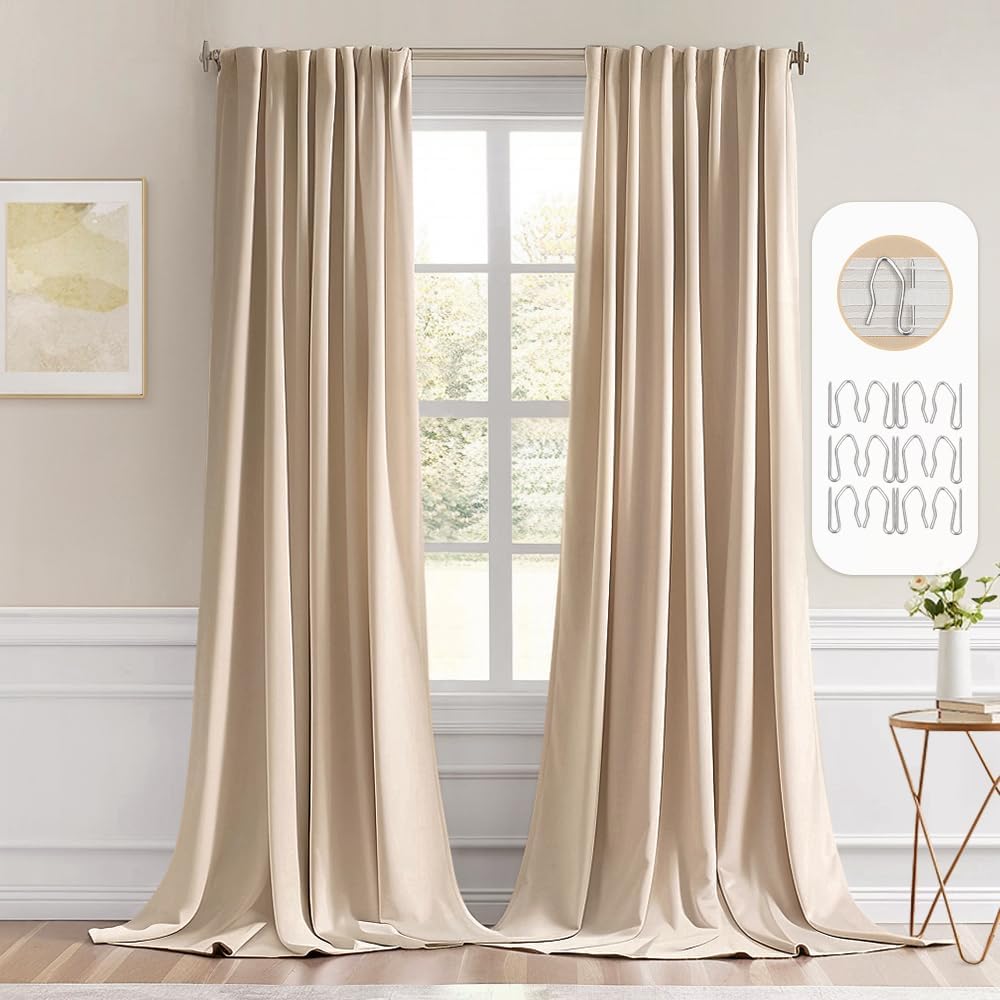 MIULEE Back Tab Beige Curtains 102 Inch Long 2 Panels Set for Living Room Bedroom, Cream Rod Pocket/Pinch Pleated Light Blocking Thermal Insulated Room Darkening Floor to Ceiling Blackout Drapes