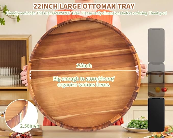 Large Ottoman Tray, 22" Big Ottoman Tray for Living Room, Large Serving Tray with Handles for Coffee Table Kitchen Counter,Great Round Wooden Trays with 4 Round Coasters for Appetizers, Dinner