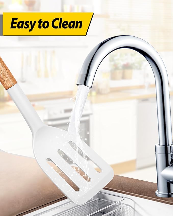 Pack of 2 Silicone Cooking Spatula, Heat Resistant Solid Turner, Non Stick Slotted Spatulas with Wooden Handle,Ideal Wood Kitchen Utensils Set for Frying, Baking, Flipping, Turning (WHITE)