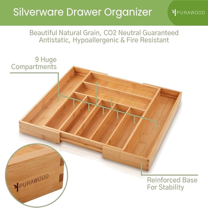 Purawood Bamboo Drawer Organizer - Expandable Silverware Organizer & Utensil Drawer Organizer, Cutlery Tray with Dividers, 7-9 Slots- Kitchen Organizer for Utensils & Flatware (Natural)