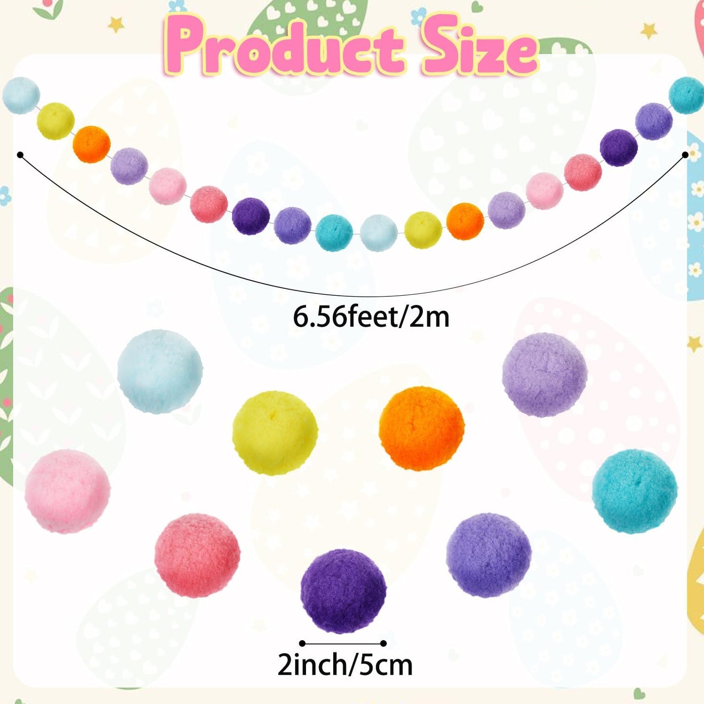 Boao 2 Pcs 2 Inch Large Pastel Colorful Pom Pom Garland 13 ft Long Felt Ball Rainbow Banner 36 Balls for Classroom, Christmas, Mantle Decor, Easter Tree Ornaments, Baby Shower Party Hanging Decor