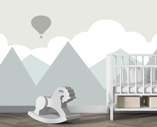 Cartoon Hot air Balloon Mountain Peak Baiyun Children's Nursery Wall Mural Wallpaper 178" x 117"