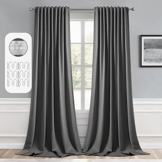 MIULEE Back Tab Grey Blackout Curtains 96 Inch Long 2 Panels Set for Living Room Bedroom, Rod Pocket/Pinch Pleated Long Thermal Insulated Room Darkening Light Blocking Floor to Ceiling Curtains/Drapes