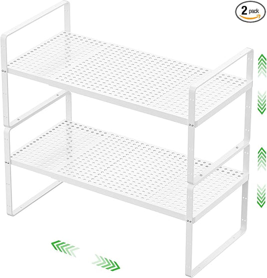Expandable Cabinet Storage Shelf Stackable Organizer Rack for Kitchen Bathroom Pantry Spice Cupboard Coffee Countertop Home Office Desk Heavy Duty Nonslip White Small 2 Packs