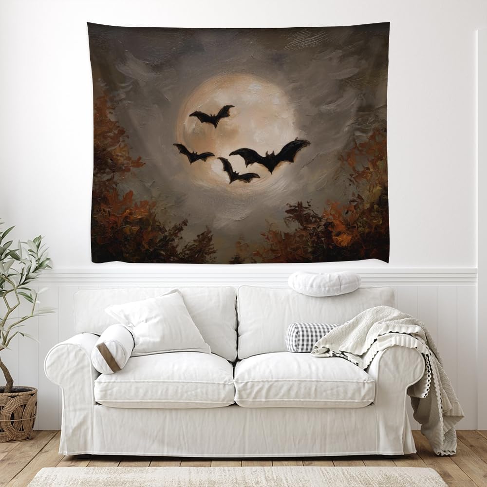 Spooky Halloween Bats Dark Academia Full Moon Autumn Leaves Wall Hanging Vintage Haunted Home Artwork Gothic Witchy Ghost Tapestries for bedroom Living Room Decor 70x90inch