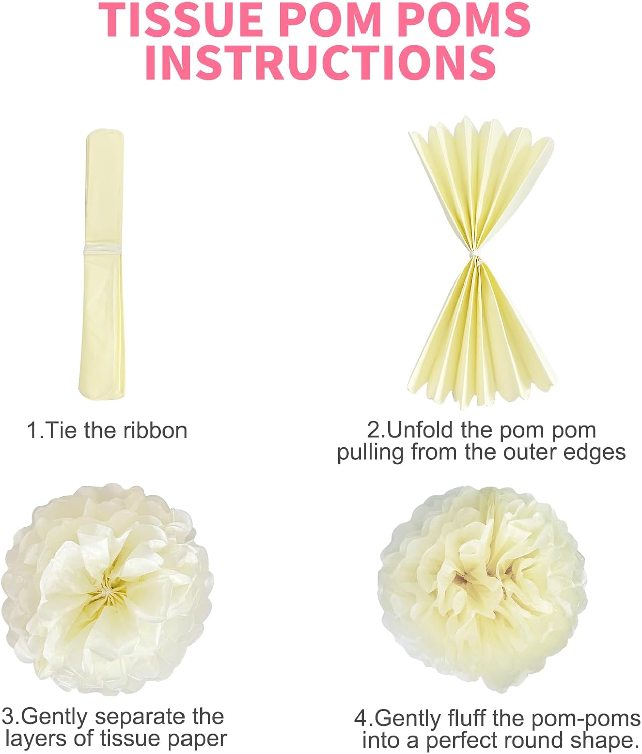 Pink Party Streamers Bridal Shower Decorations - Blush Pink Cream Colorful Paper Pom Poms Wall Decor for Baby Showers, Weddings, Graduations, Tea Parties, Engagement