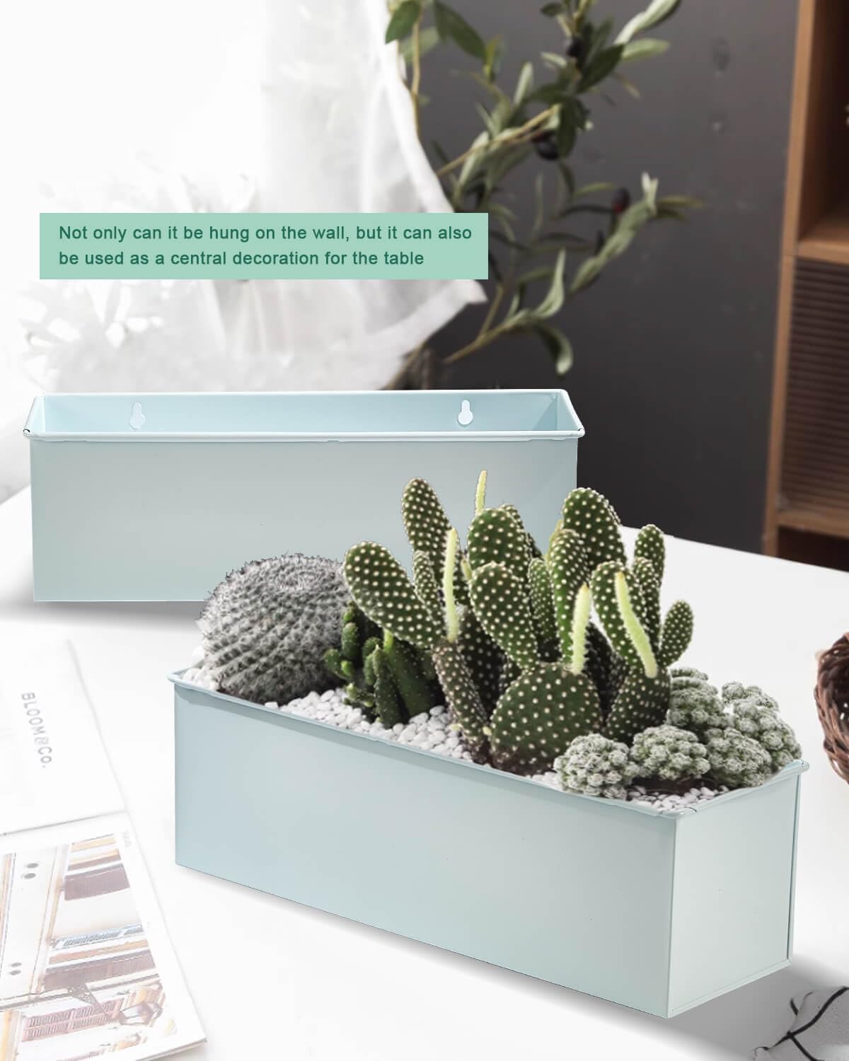 vensovo Metal Wall Hanging Planter Boxes – 12" Rectangle Flower Pots, 3 Pack with Drainage, Durable Galvanized Finish for Indoor Outdoor Balcony Fence Windowsill, White