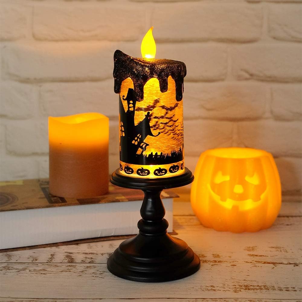Eldnacele Halloween Snow Globe Candles Lighted Lamp, Battery Operated Spooky Spinning Water Glittering Tornado Candle Flameless Candles Table Centerpiece for Halloween Decoration Indoor(Castle)