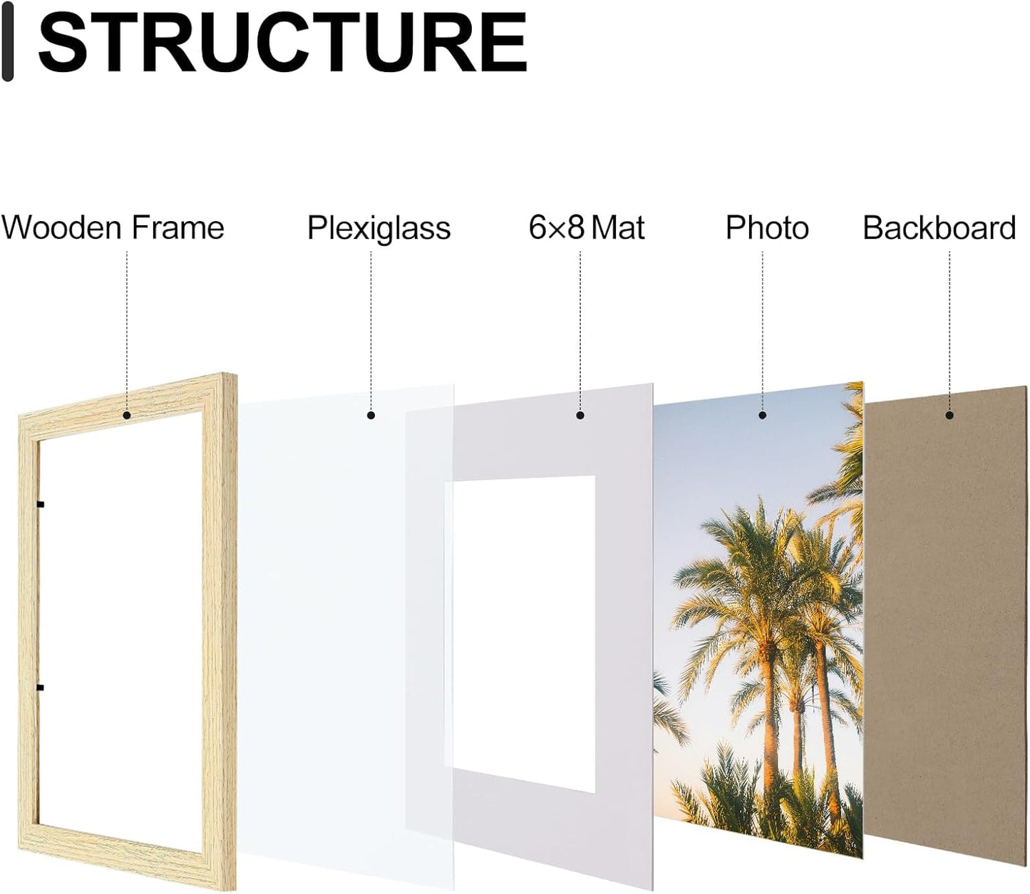 Vittanly 8x12 Picture Frames Set of 9, Shatter Resistant Plexiglass, Display 6x8 Pictures with Mat or 8x12 without Mat, Photo Frames for Wall or Tabletop, Engineered Wood, OAK