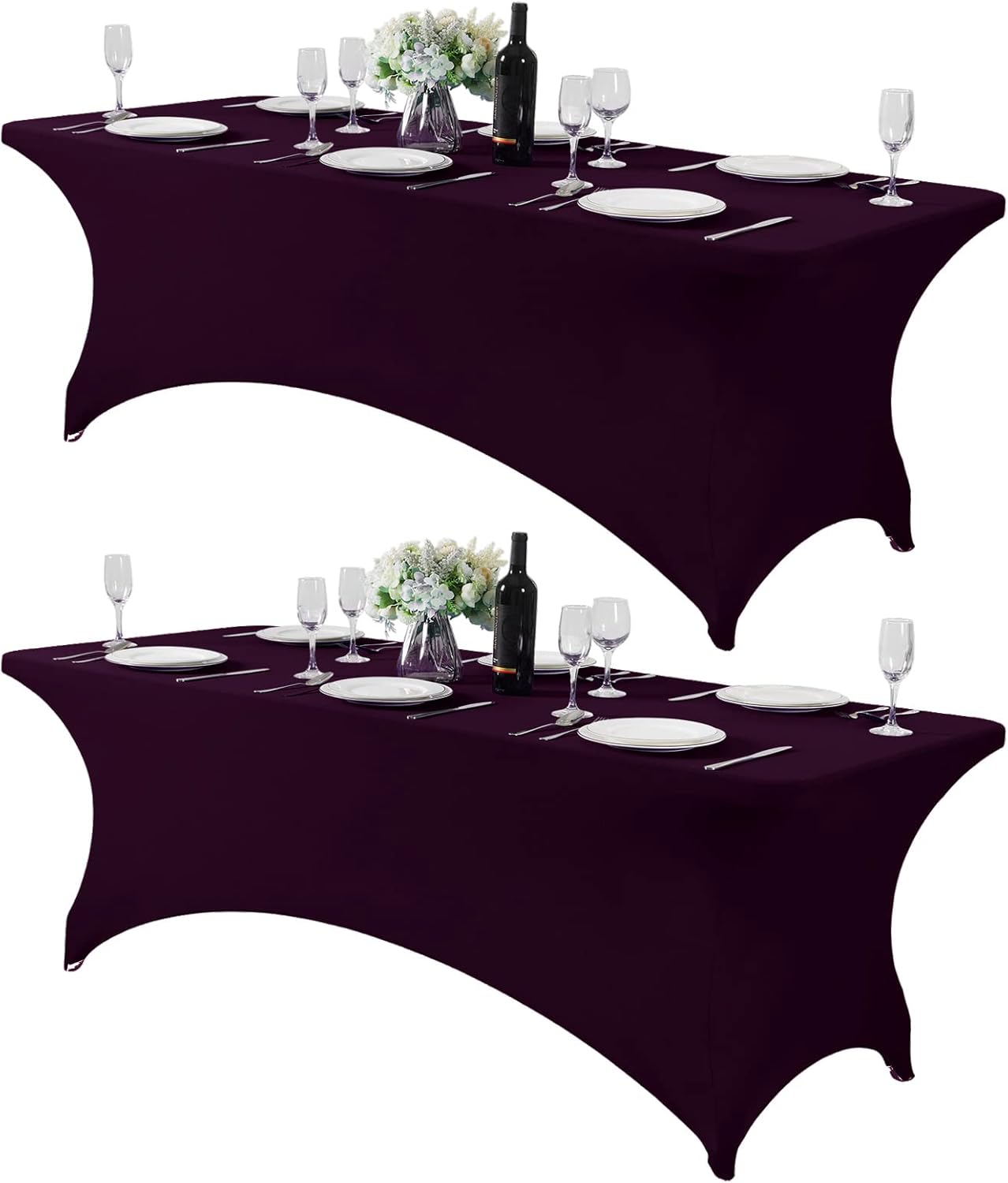 2Pack Spandex Table Cover for 8FT or 4ft or 6ft Table Universal Fitted Stretch Tablecloth for Party, Banquet, Wedding and Events-Eggplant