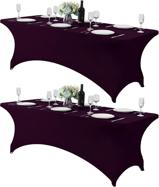 2Pack Spandex Table Cover for 8FT or 4ft or 6ft Table Universal Fitted Stretch Tablecloth for Party, Banquet, Wedding and Events-Eggplant