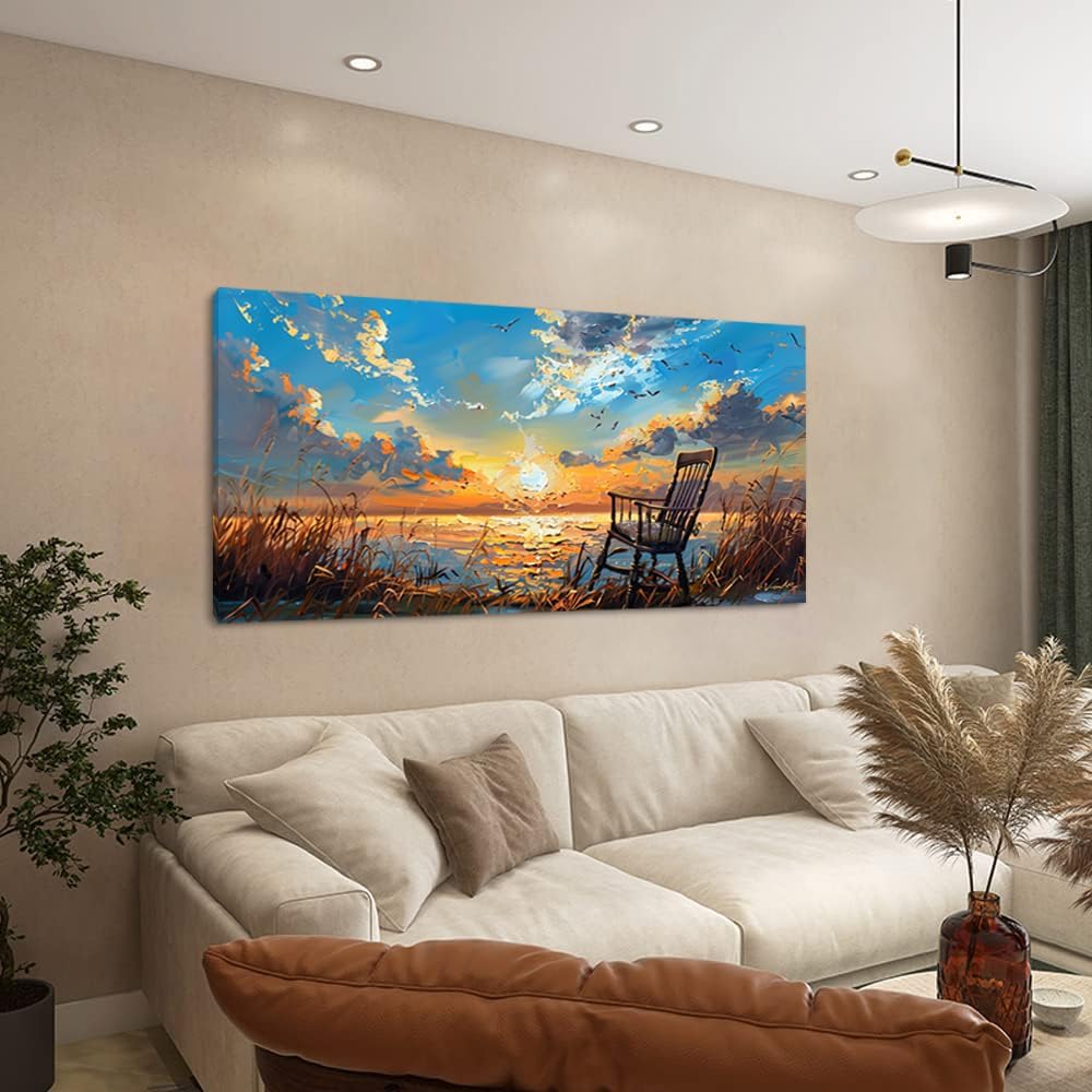 LASMOND Canvas Prints Wall Art Sunset Ocean Beach Pictures Photo nature landscape Paintings for Living Room Bedroom Home Decorations Modern Stretched and Framed Seascape Waves Landscape Artwork ( 30x60 Inches )