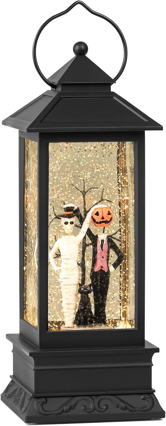 Halloween Snow Globes, Skull and Black Cat Scene Snow Globes, Glittering Lantern with Timer, Snow Globe Lantern USB or Battery Powered for Halloween Decor
