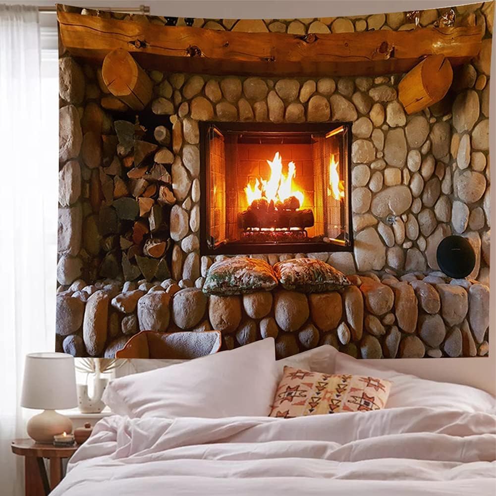 Firplace Tapestry Art Retro Stove Print Tapestry Art Wall Hanging Tapestry Room Bedspread Decor Christmas Fireplace (Firplace, 70.00" x 90.00")