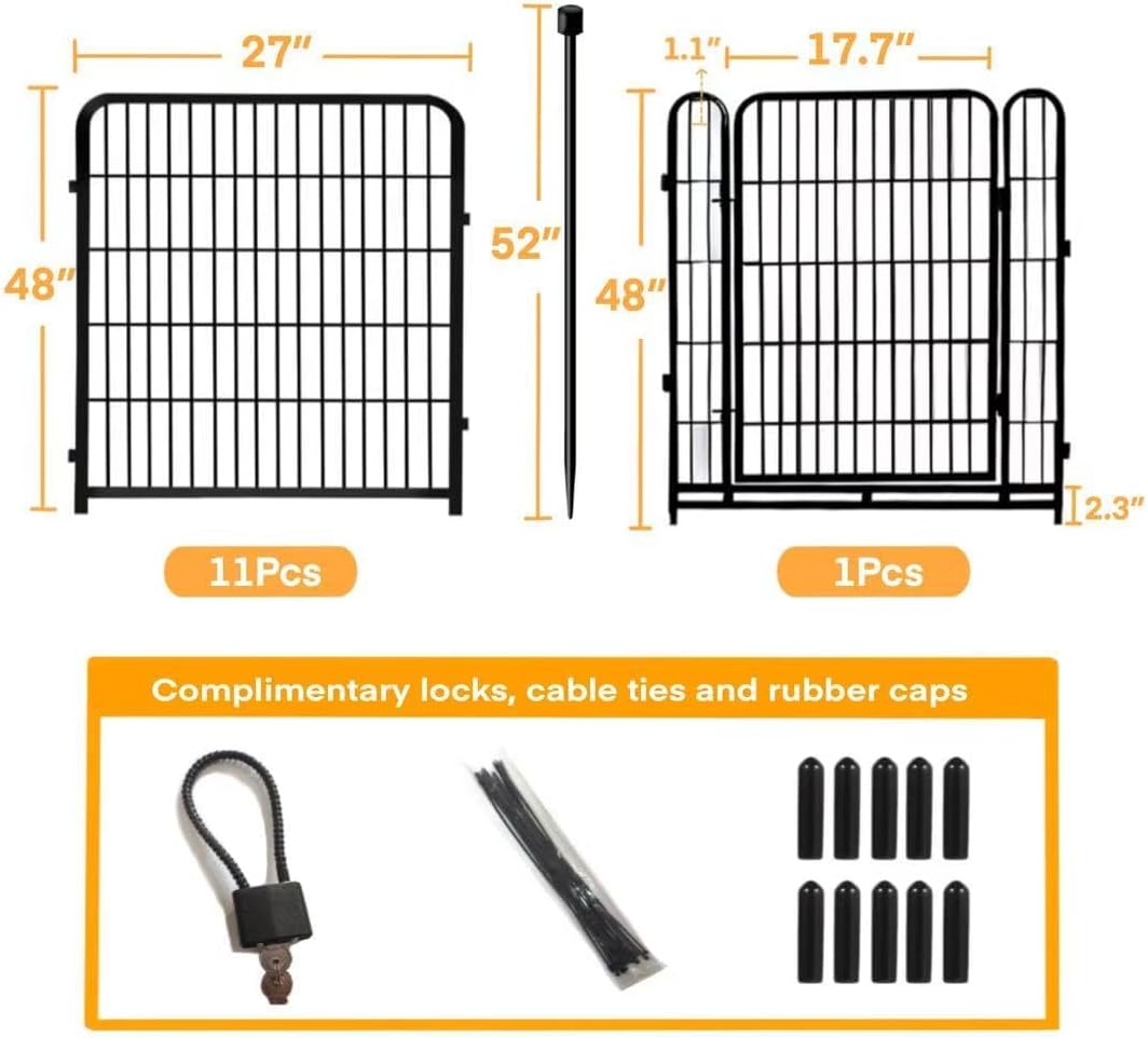 Tall Garden Fence with Gate 48 in(H)×27 in(L) 12 Panels Total 26.6 Ft(L), Garden Fencing to Keep Dogs Out, Heavy Duty Iron Metal Animal Barrier Fence, Flower Bed Fencing