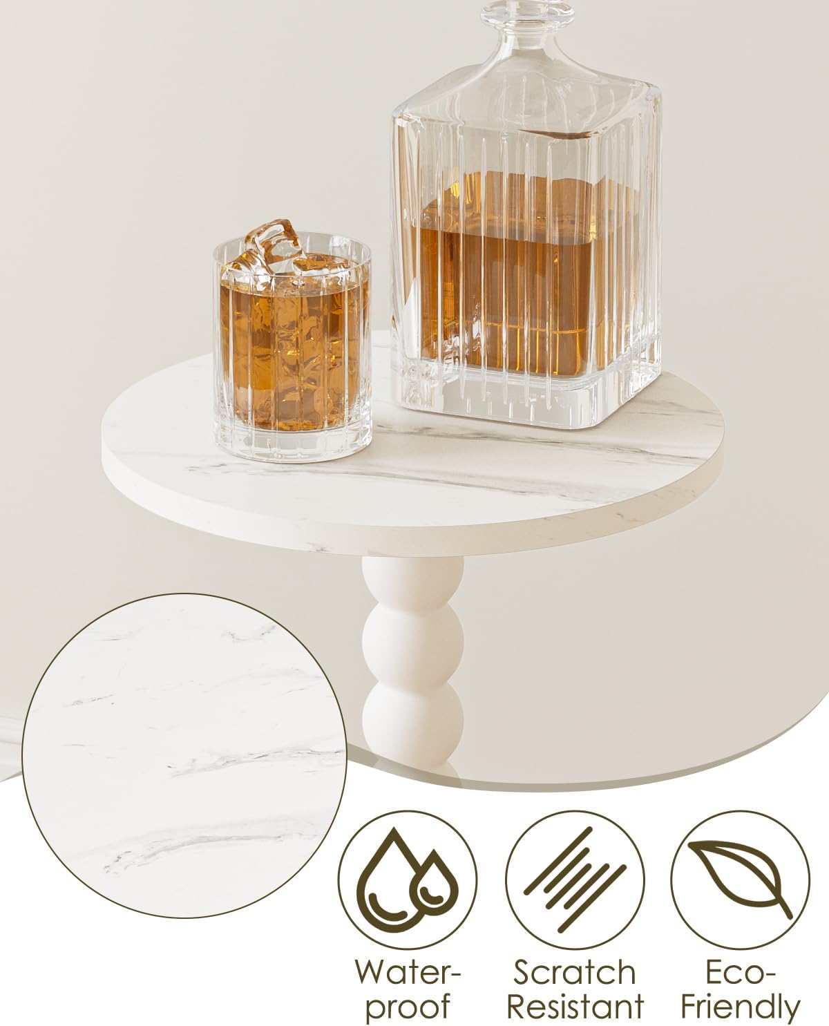 Masupu Round Side Table, Small Drink Table for Small Spaces, Pedestal End Table with Solid Wood Leg for Living Room, Bedroom, Corners(Marble White)