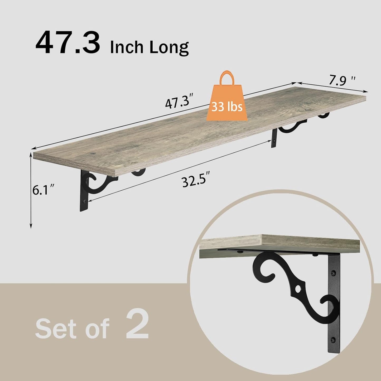 DINZI LVJ Long Wall Shelves, 47.3 Inch Large Floating Shelves Set of 2, Wide Display Shelf Wall Mounted with Brackets, Easy Hanging for Living Room, Toilet, Office, Bedroom, Gray Wash