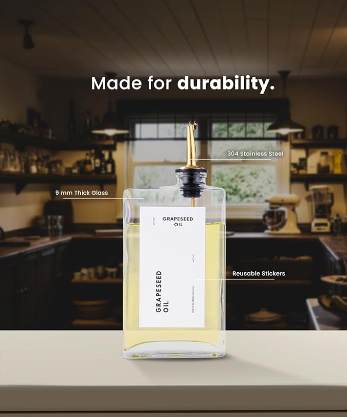 Olive Oil Dispenser for Kitchen, Cooking Oil and Vinegar Dispenser Set, Olive Oil Bottle, Soy sauce dispenser, coffee syrup bottles with stainless steel pourers - 2 pcs, Gold