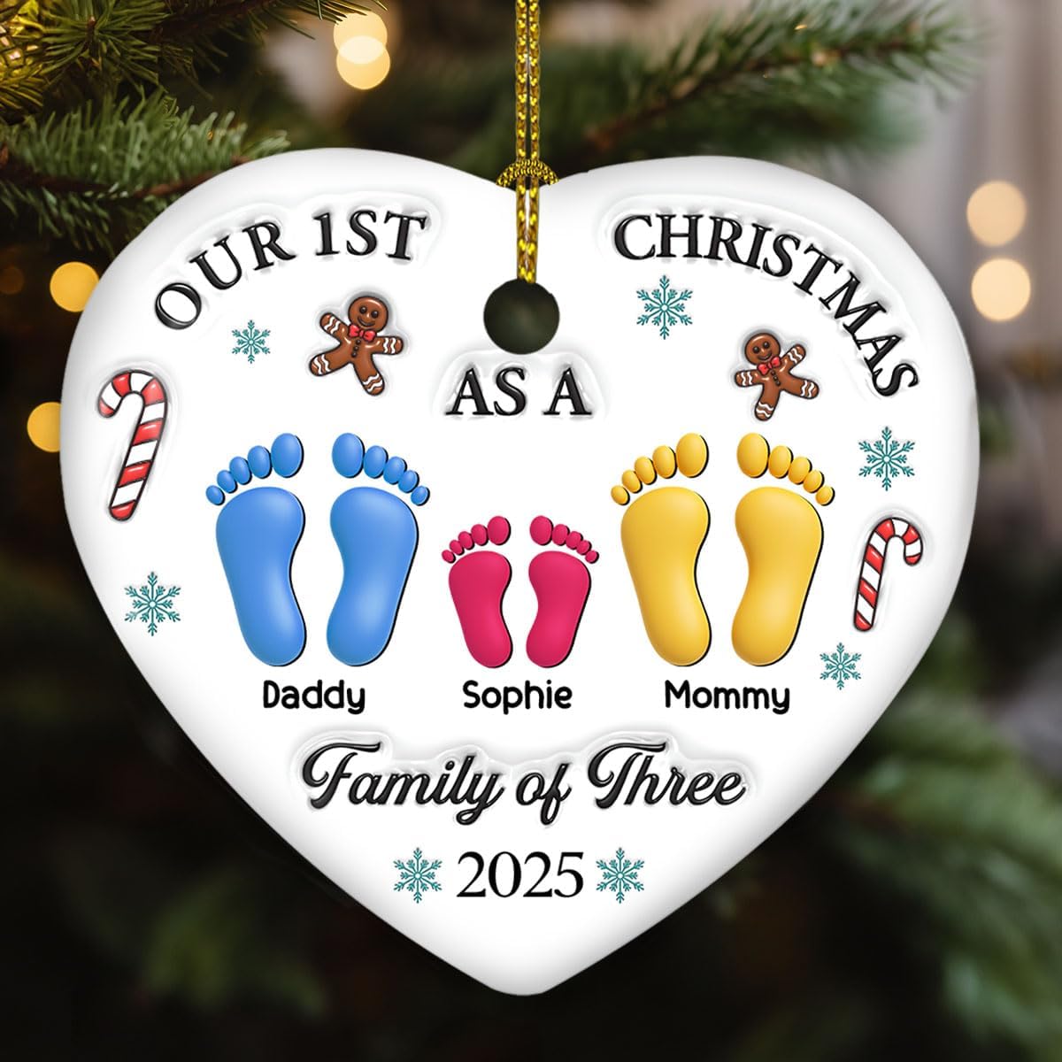 Personalized Custom 3D Effect Heart Ceramic Ornament – Our First Christmas, for Newly Married Couples, Personalized Keepsake