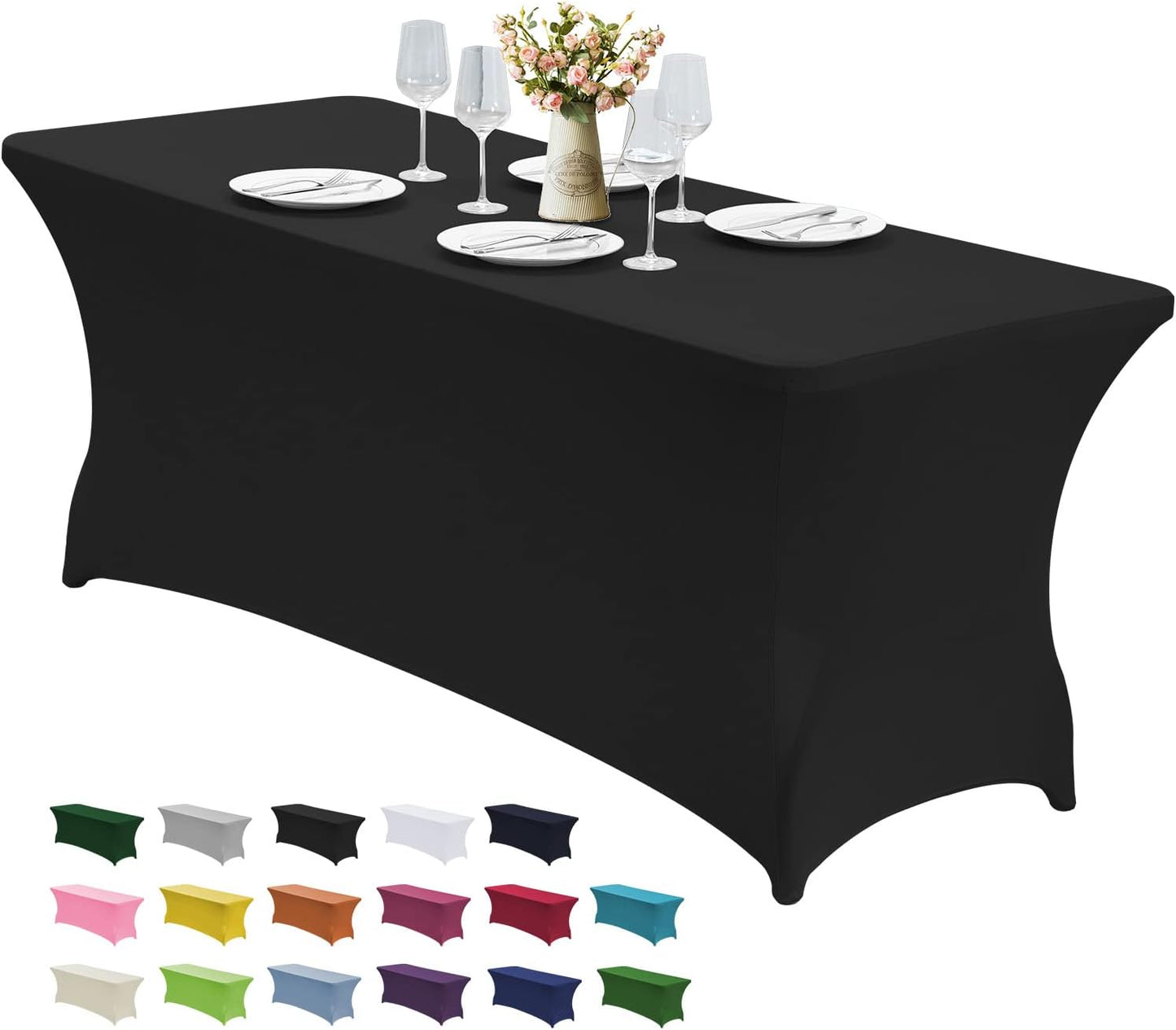 CWK 8FT Waterproof Stretch Spandex Table Cover for Rectangular Tables - Elastic Fitted Tablecloth for Folding Tables,Wrinkle Resistant Table Cloth for Parties, Weddings, Banquets & Events (Black)