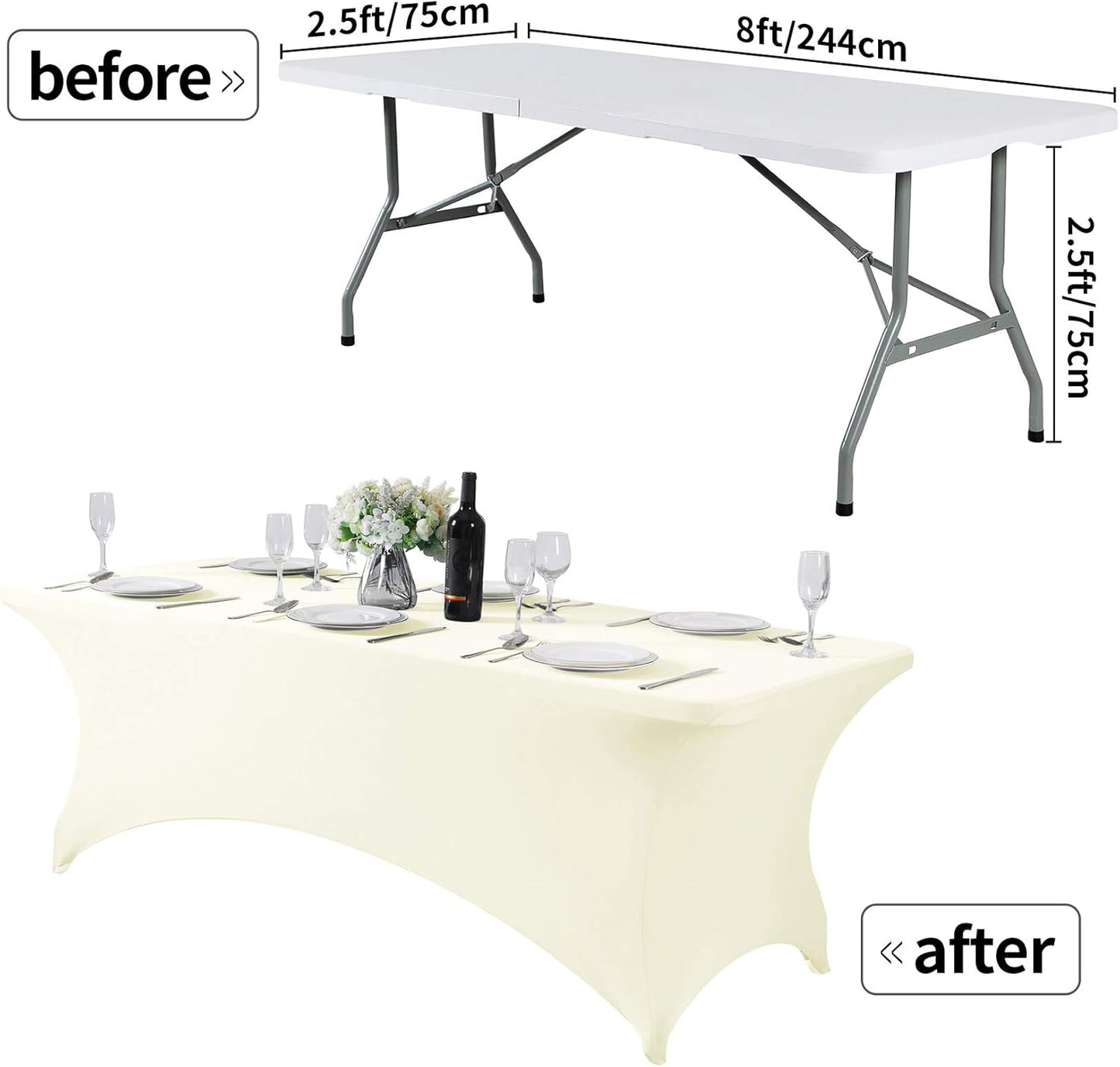 2Pack Spandex Table Cover for 8FT or 4ft or 6ft Table Universal Fitted Stretch Tablecloth for Party, Banquet, Wedding and Events-Ivory