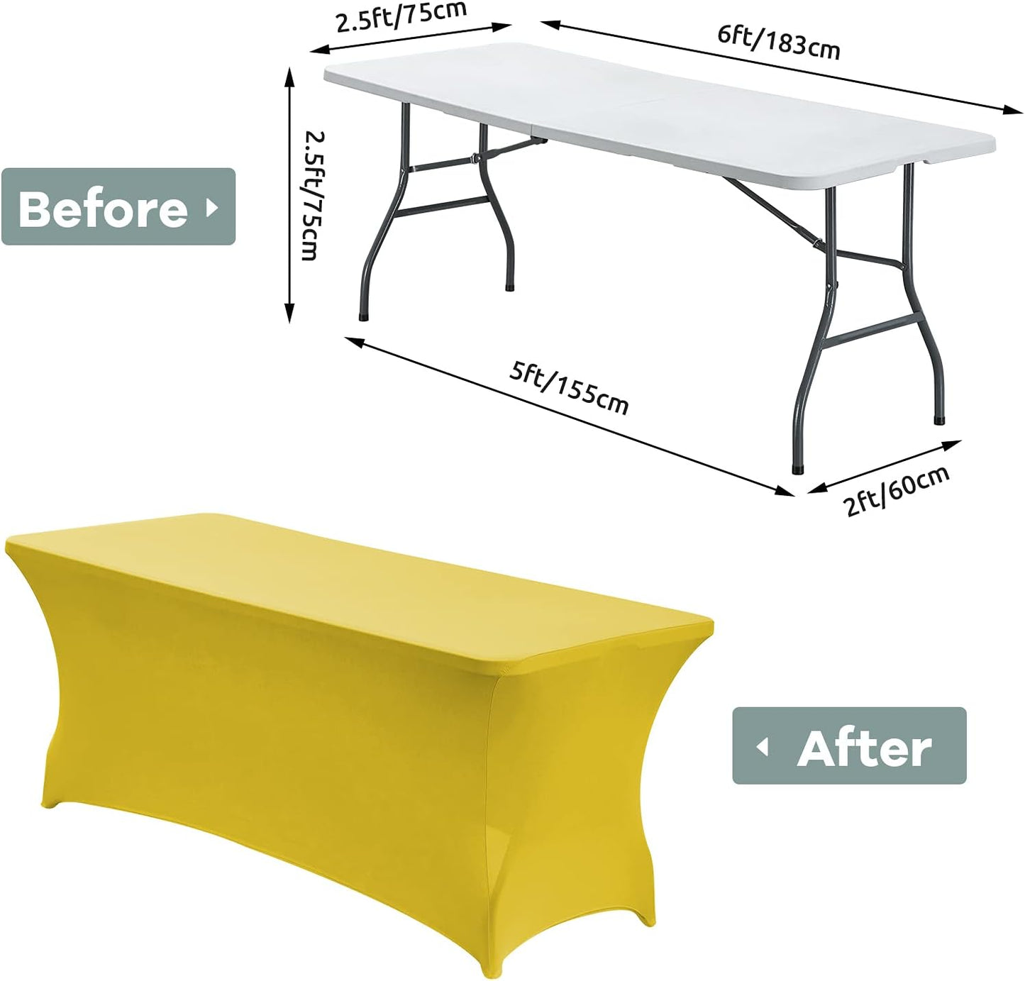 CWK 6FT Waterproof Stretch Spandex Table Cover for Rectangular Tables - Elastic Fitted Tablecloth for Folding Tables,Wrinkle Resistant Table Cloth for Parties, Weddings, Banquets & Events (Yellow)