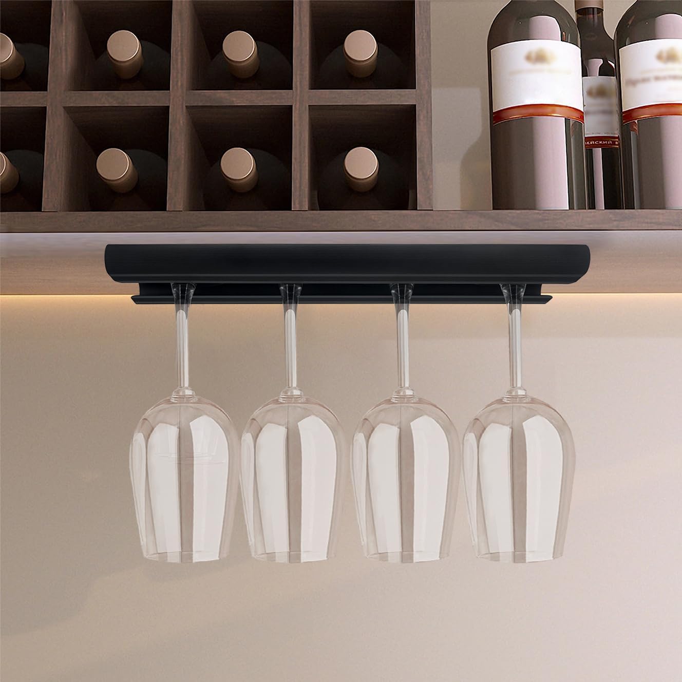 GeLive 12 Inch Wine Glass Holder Under Cabinet Stemware Rack Wine Glass Hanger Storage Organizer for Kitchen and Bar Aluminum Alloy Set of 2 (Black)