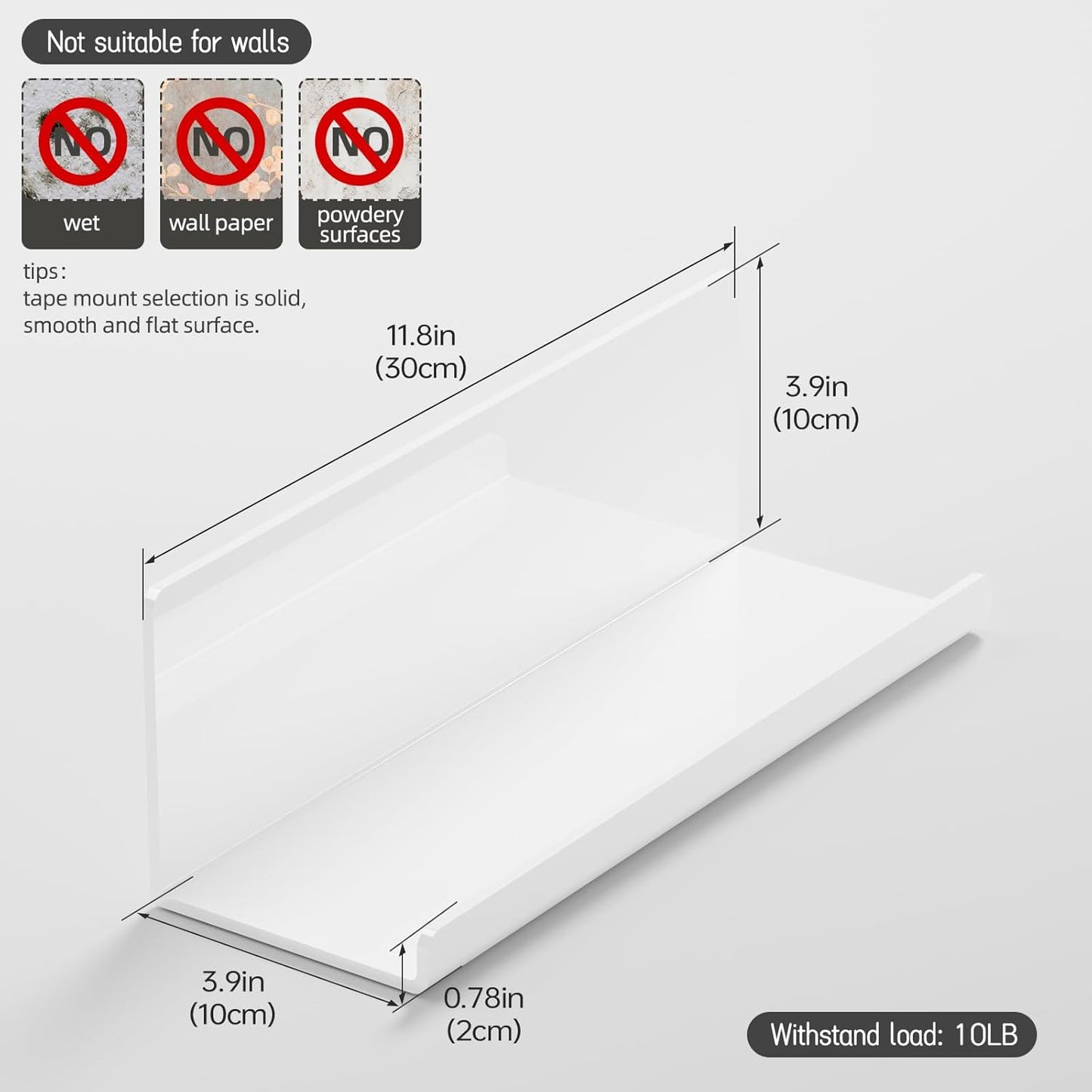 Acrylic Wall Floating Shelves Set of 2, Wall Shelves White 12 Inch Adhesive Wall Organizer Adhesive Shelf for Bathroom, Kitchen, Bedroom, Office, Gaming Room, No Damage, No Drill