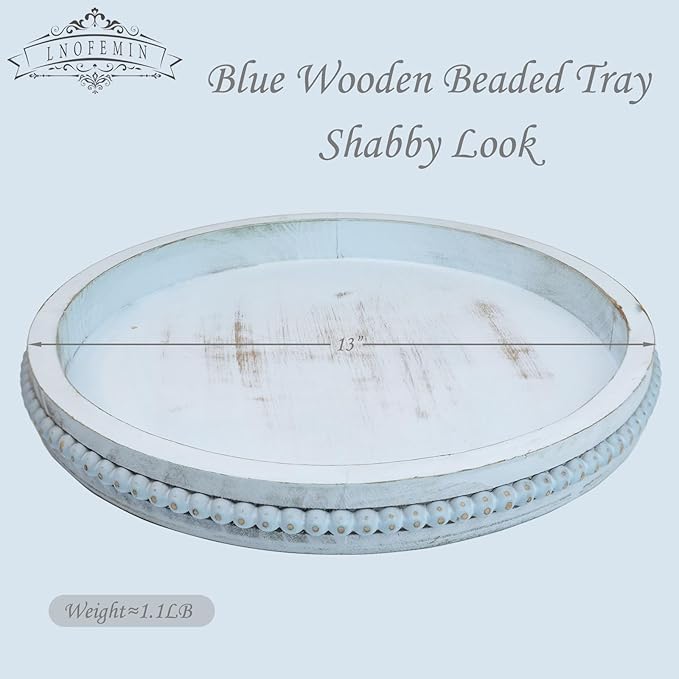 Round Wood Serving Tray with Beads, Blue Washed Wooden Decorative Tray for Entertaining, Decoration, and Gifting
