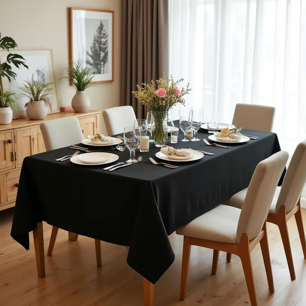 sancua Rectangle Tablecloth - 90 x 156 Inch - Water Resistant Spill Proof Washable Polyester Table Cloth, Decorative Fabric Table Cover for Dining Tables, Buffet Parties and Camping, Black