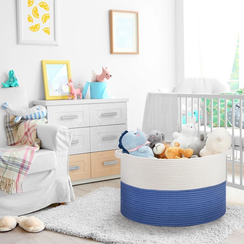 Ravinte Large Storage Basket - 22"x 22"x 14" Blanket Basket for Living Room, Baby Toy Storage Basket, Cotton Rope Basket Woven Laundry Basket (White-Blue)