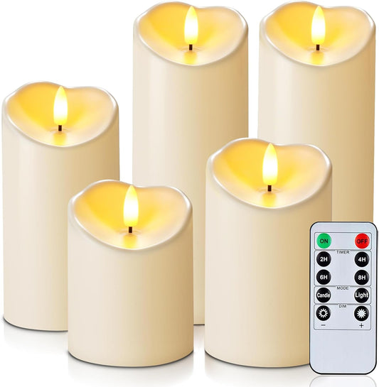 Homemory Outdoor Waterproof Flameless Candles, LED Candles, Battery Operated Candles with Remote and Timers, Electric Fake Plastic Pillar Candles, Dark Ivory, D3 H4 5" 6" 8" 8", Set of 5