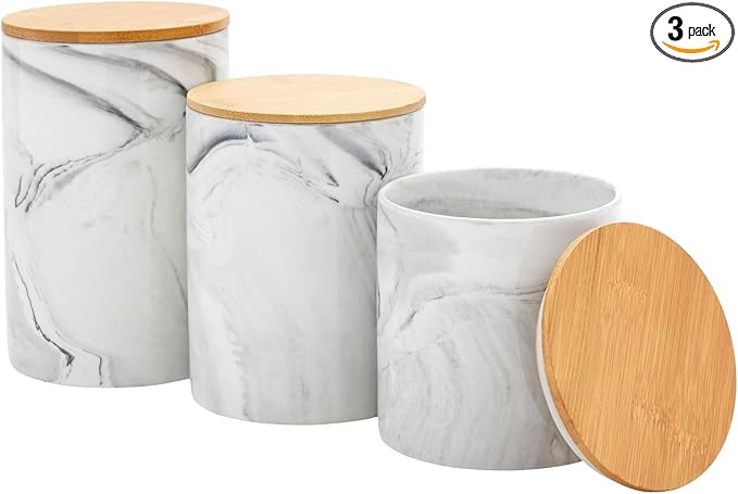 Farmlyn Creek Sugar & Coffee Container Set 3-Piece - White Marble Finish Ceramic Jar Set - Airtight Wood Lids - Ceramic Containers with Lids for Countertop Storage (5.9"/4.9"/3.9)