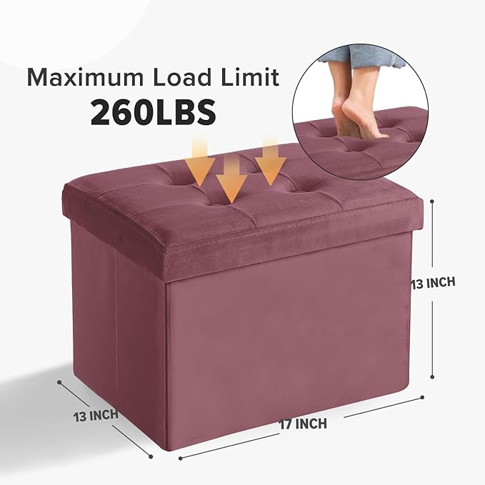 LINMAGCO Storage Ottoman Folding Foot Stool Velvet Footrest with Padded Modern Ottoman with Storage for Living Room Puppy Step Stool 17x13x13in(Jelly Pink)